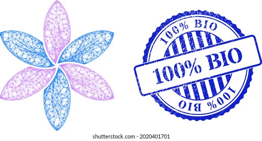 Vector net mesh flower framework, and 100 percents Bio blue rosette dirty seal. Hatched frame net image created from flower icon, is created with intersected lines.
