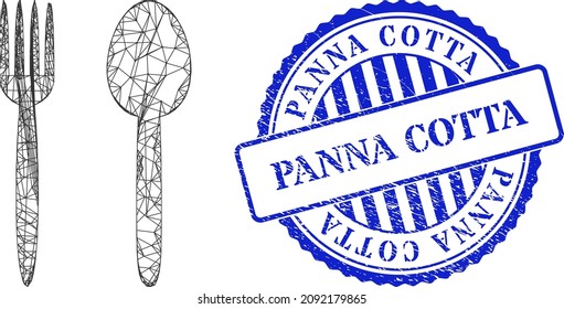 Vector net mesh food utensil carcass, and Panna Cotta blue round rubber stamp. Hatched carcass net image based on food utensil pictogram, generated with crossing lines.