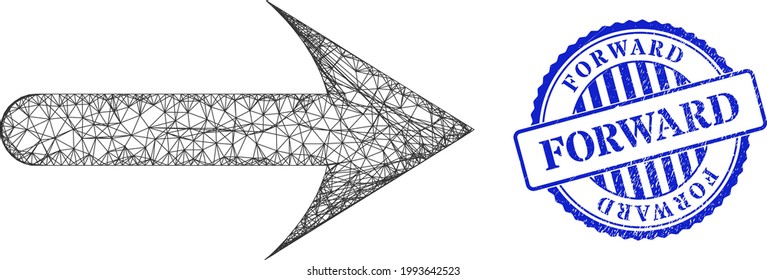Vectornet-Maschenöffnung nach vorn Pfeilrahmen und Forward-blue Rosette Gummi Stempel-Siegel. Kreuzungsnetz-Symbol auf der Grundlage eines Pfeils-Piktogramms nach vorn, hergestellt mit Kreuzungslinien.