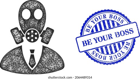 Vector net mesh gasmask boss carcass, and Be Your Boss blue rosette unclean stamp seal. Hatched carcass net symbol designed with gasmask boss icon, is generated from intersected lines.