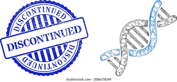 Vector net mesh genetic molecule model, and Discontinued blue round grunge stamp seal. Hatched frame network symbol created from genetic molecule icon, created from intersected lines.