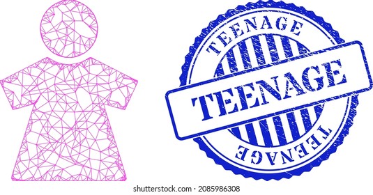 Vector net mesh girl carcass, and Teenage blue round dirty stamp seal. Linear carcass net symbol based on girl pictogram, generated with crossed lines.