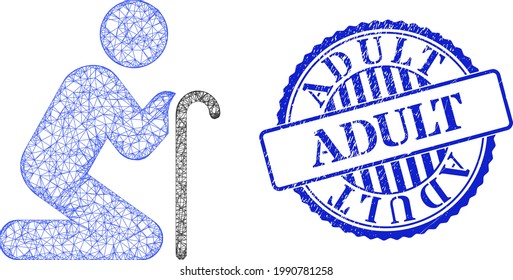 Vector net mesh grandfather pray frame, and Adult blue rosette scratched stamp seal. Hatched carcass net illustration created from grandfather pray icon, is created from intersected lines.