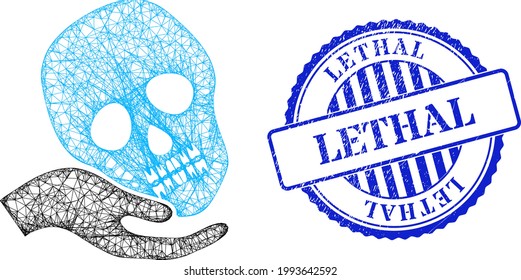 Vector net mesh hand holds skull wireframe, and Lethal blue rosette corroded stamp seal. Linear frame net symbol designed with hand holds skull icon, made with crossing lines.