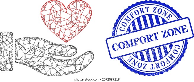 La mano de malla de red vectora ofrece marco de corazón de amor y marca de agua redonda de goma azul Comfort Zone. Ilustración de la red de canales con cubierta de pelo diseñada con icono del corazón de la oferta de la mano, generada con líneas cruzadas.