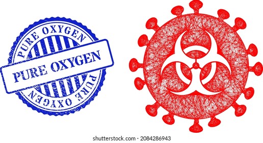 Vector net mesh hazard virus framework, and Pure Oxygen blue rosette textured stamp seal. Hatched frame net image created from hazard virus pictogram, created with crossed lines.