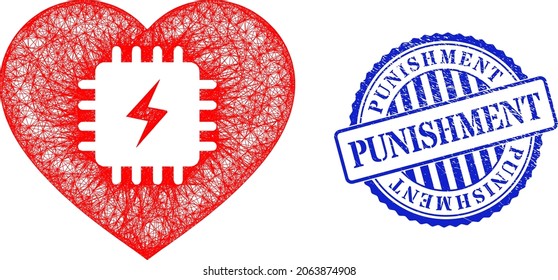 Vector net mesh heart pacemaker carcass, and Punishment blue rosette textured seal. Wire carcass net image created from heart pacemaker pictogram, created with crossed lines.