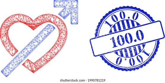 Vector net mesh heart penetration arrow framework, and 100.0 blue rosette textured seal print. Wire carcass net symbol created from heart penetration arrow icon, is created from crossing lines.