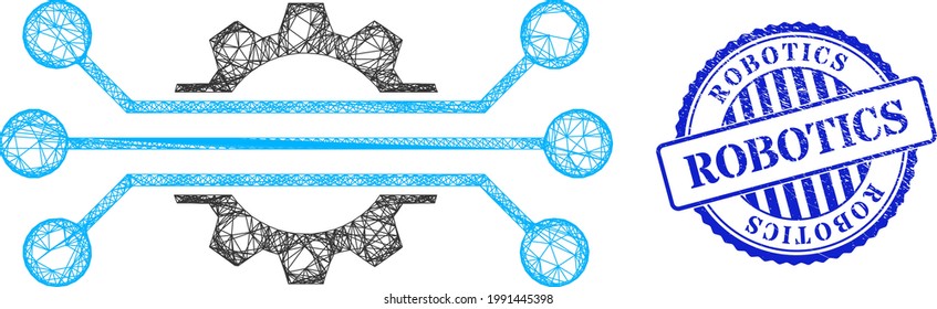 Vector net mesh hitech industry framework, and Robotics blue rosette dirty seal. Linear carcass net image designed with hitech industry pictogram, created with crossing lines.