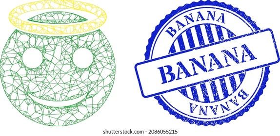 Vector net mesh holy smiley carcass, and Banana blue round dirty badge. Crossed carcass net symbol created from holy smiley pictogram, created from crossed lines.