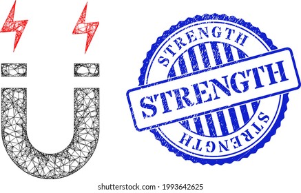 Vector net mesh horseshoe magnet frame, and Strength blue rosette scratched seal imitation. Linear carcass net image created from horseshoe magnet icon, is created with crossed lines.