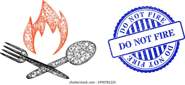 Vector net mesh hot food model, and Do Not Fire blue rosette rubber seal imitation. Crossed carcass network symbol created from hot food pictogram, is created from crossed lines.