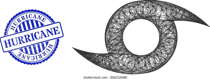 Vector net mesh hurricane frame, and Hurricane blue rosette unclean seal print. Crossed frame net illustration designed with hurricane icon, generated with crossed lines.