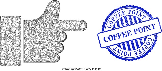 Vector net mesh index finger wireframe, and Coffee Point blue rosette unclean stamp seal. Hatched carcass net illustration designed with index finger pictogram, generated with crossing lines.