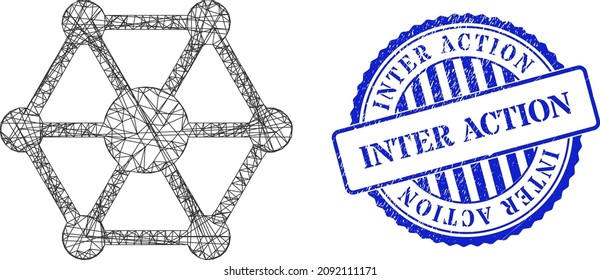 Vector net mesh IoT frame, and Inter Action blue rosette unclean badge. Linear frame net image created from IoT pictogram, created from crossing lines.