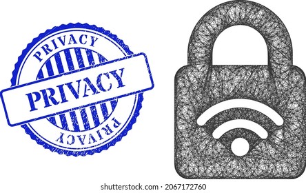 Vektor-Netzmaschen verschlossen Wi-Fi-Modell und Datenschutz-blauen Rosette schmutzigen Stempel. Das mit einem Wi-Fi-Piktogramm konzipierte Symbol des Gekreuzradrahtes wird aus gekreuzten Linien erstellt.