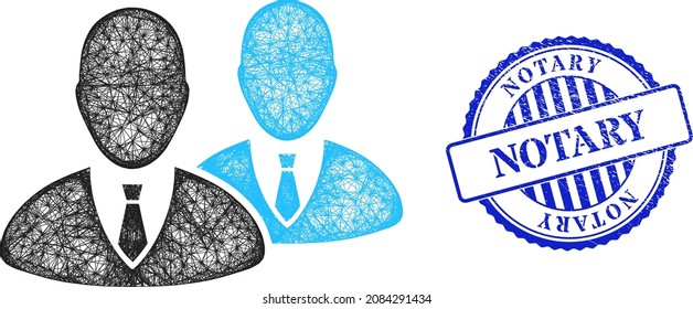 Vector net mesh managers model, and Notary blue rosette corroded seal. Linear carcass net symbol designed with managers icon, generated with intersected lines.