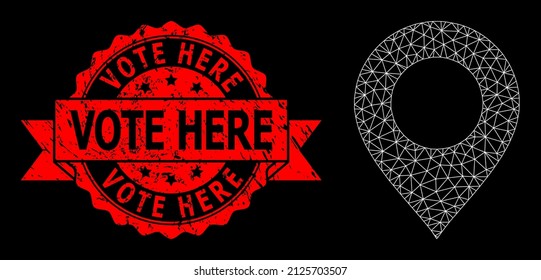 Vector net mesh map mark picture with Vote Here rubber stamp seal on a black background. Red stamp seal contains Vote Here caption inside ribbon. Mesh is redesigned from map mark symbol,