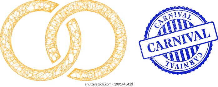 Vector net mesh marriage rings carcass, and Carnival blue rosette dirty seal imitation. Hatched frame net image designed with marriage rings icon, is made with crossed lines.