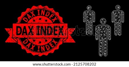 Vector net mesh men image with Dax Index corroded seal print on a black background. Red stamp seal contains Dax Index caption inside ribbon. Mesh based on men symbol, with triangulated framework.