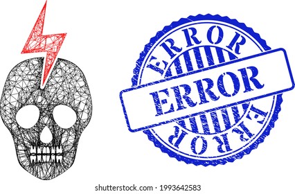 Vector net mesh mortal electricity frame, and Error blue rosette rubber stamp seal. Crossed carcass network symbol designed with mortal electricity icon, is generated with crossed lines.