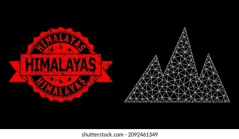 Vector net mesh mountains image with Himalayas grunge seal print on a black background. Red stamp seal contains Himalayas title inside ribbon. Mesh structure based on mountains icon,
