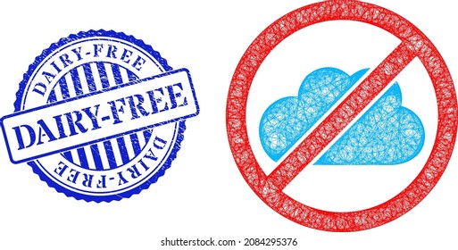 Vector net mesh no cloud frame, and Dairy-Free blue rosette corroded stamp seal. Crossed frame network image based on no cloud icon, is made with crossed lines.