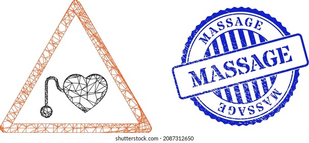 Vector net mesh pacemaker warning carcass, and Massage blue rosette dirty stamp seal. Crossed carcass network image based on pacemaker warning pictogram, made from crossed lines.