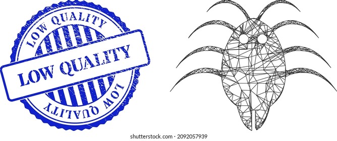Vector net mesh parasite model, and Low Quality blue round textured seal print. Wire carcass network symbol created from parasite icon, is created from intersected lines.
