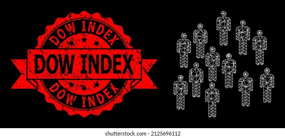 Vector net mesh people crowd image with Dow Index corroded stamp seal on a black background. Red seal has Dow Index title inside ribbon. Mesh model is based on people crowd glyph,
