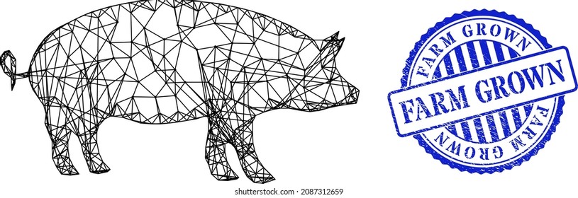 Vector net mesh pig framework, and Farm Grown blue rosette corroded stamp seal. Linear frame net illustration based on pig icon, is generated with intersected lines.