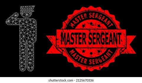 Vector Net Mesh Police Officer Image With Master Sergeant Textured Stamp Seal On A Black Background. Red Stamp Seal Has Master Sergeant Caption Inside Ribbon.