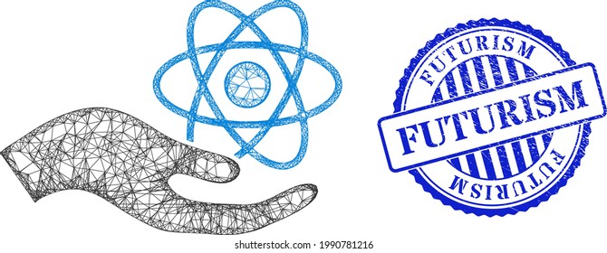 Vector net mesh quantum service hand framework, and Futurism blue rosette corroded stamp seal. Hatched frame net image created from quantum service hand pictogram, generated from crossed lines.