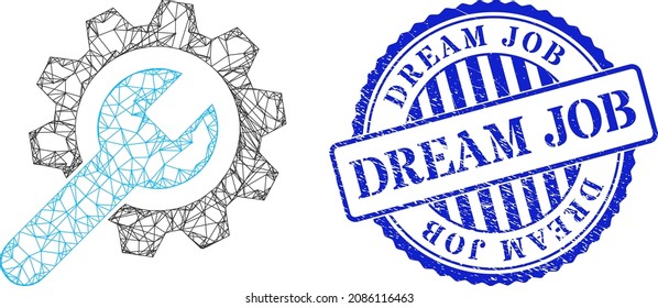 Vector Net Mesh Repair Service Wireframe, And Dream Job Blue Round Dirty Stamp Seal. Crossed Carcass Net Illustration Based On Repair Service Pictogram, Generated With Intersected Lines.