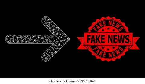 Vector net mesh right arrow picture with Fake News textured seal on a black background. Red seal has Fake News caption inside ribbon. Mesh based on right arrow picture, with triangulated network.