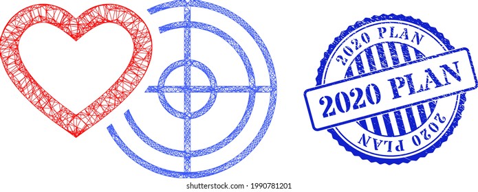 Mesh vectorial romántica marco objetivo de corazón, y imitación de sello de rosette azul de Plan 2020. Ilustración neta de canal lineal creada a partir del pictograma de objetivo romántico del corazón,