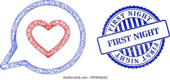 Vector net mesh romantic heart message frame, and First Night blue rosette unclean seal print. Wire frame net image created from romantic heart message icon, is created from crossing lines.