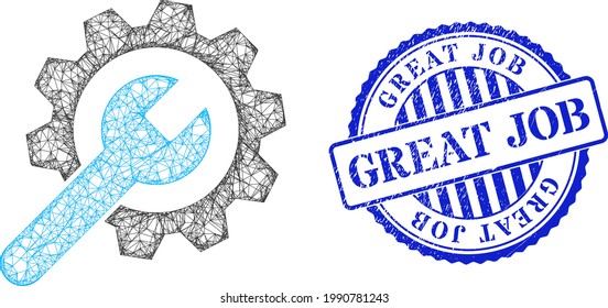 Vector net mesh service wheel model, and Great Job blue rosette textured seal. Linear frame net image created from service wheel icon, created from crossing lines.