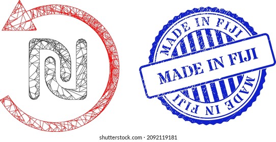 Vektor-Netz Maschenschekel Rückerstattungsrahmen und Made in Fidschi blau Rosette strukturierte Stempelsiegel. Lineare Carcass-net-Illustration, die mit Piktogramm zur Rückerstattung von Schekeln entworfen wurde, wird aus Schnittlinien hergestellt.