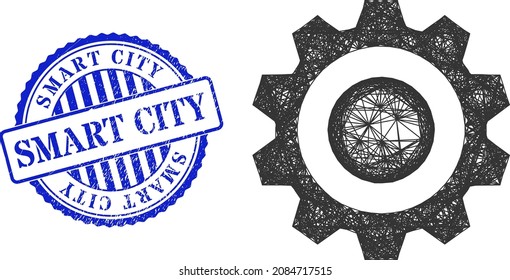 Vector net mesh smart cog frame, and Smart City blue rosette grunge seal. Linear frame net illustration based on smart cog icon, generated from crossing lines.