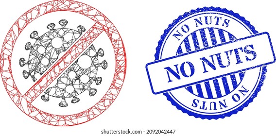La malla neta del vector detiene el marco de infección del covid y el sello texturizado de la roseta azul sin nueces. La imagen de red de cuadro cruzado creada a partir del pictograma de infección de covid de parada, se crea a partir de líneas cruzadas.