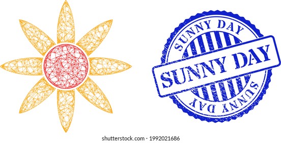 Vector net mesh sun shine wireframe, and Sunny Day blue rosette rubber seal print. Crossed frame net image created from sun shine icon, is made from crossed lines.