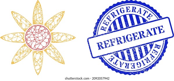 Vector net mesh sun shine framework, and Refrigerate blue round textured stamp. Crossed carcass net illustration created from sun shine pictogram, is created from crossing lines.