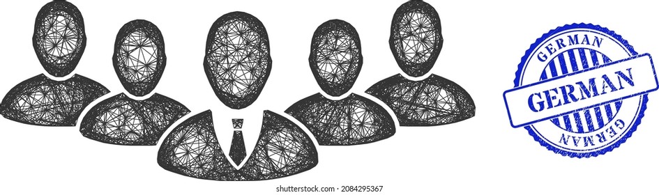 Vector net mesh team boss carcass, and German blue rosette rubber seal print. Crossed carcass net image created from team boss icon, generated with crossed lines.