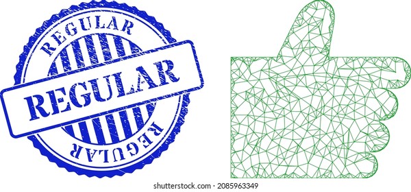 Vector net mesh thumb up model, and Regular blue round textured badge. Crossed carcass net symbol designed with thumb up icon, created with crossed lines.