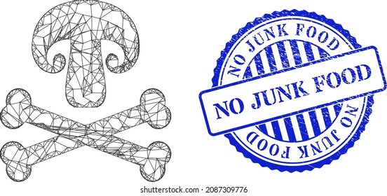 Vector net mesh toxic mushroom carcass, and No Junk Food blue rosette corroded stamp seal. Wire carcass network symbol created from toxic mushroom icon, generated from crossing lines.