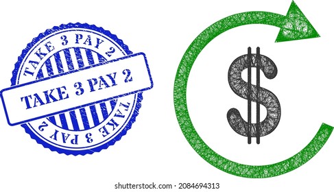 Vector net mesh USD repay carcass, and Take 3 Pay 2 blue rosette corroded seal. Crossed carcass net image created from USD repay pictogram, is generated from intersected lines.