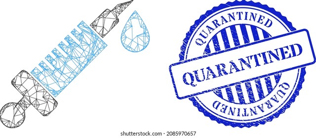Vektor-Netz-Maschen-Impfstoff-Schlachtkörper und Quarantäne blaue runde strukturierte Stempelsiegel. Das mit dem Impfstoff-Icon entworfene Netzbild des gehackten Schlachtkörpers besteht aus Kreuzungslinien.