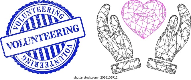 Vector net mesh valentine heart care hands carcass, and Volunteering blue round rubber seal imitation. Wire carcass network illustration created from valentine heart care hands icon,