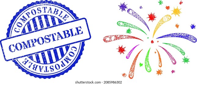 Vector net mesh virus festive frame, and Compostable blue round unclean seal print. Crossed frame net symbol created from virus festive icon, generated from crossed lines.